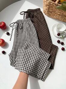 CovetEZ Women's Elastic Waist Drawstring Casual Straight-Style Long Pants Lounge Brown Polka Dot Black And White Autumn - Multicolor - View 6