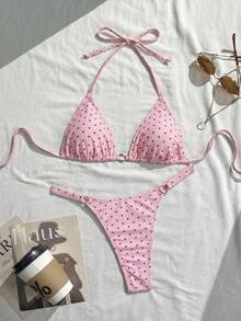 Swim Mod 26SS Spring/Summer Vacation Beach High-End Sexy Polka Dot Swimsuit Two Pieces Set - Pink - View 7
