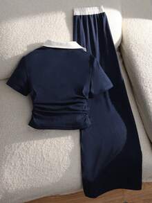 少女夏季休闲撞色领口刺绣细节T恤和裤子套装 - 彩色 - 查看 3