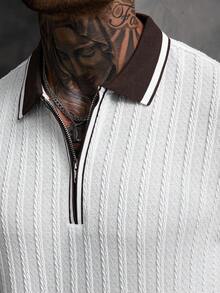 Manfinity CasualCool Men's Striped Short Sleeve Polo Shirt And Shorts Casual Suit - White - View 3