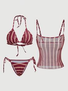 SHEIN MOD 女款夏季海灘派對條紋細肩帶綁帶性感比基尼兩件式泳衣套裝，附外罩衫背心上衣，黃色 - 紅白色 - 查看 3