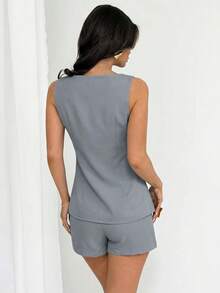 Firerie Women's Elegant Minimalist Exquisite Fashion Commute Urban Modern Vacation Casual Metal Buckle Blazer Vest And Shorts Brown 2 Pieces Set - Baby Blue - View 9