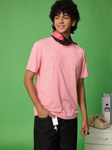 FROVYX Men's Casual Letter Embossed Pink Crew Neck Short Sleeve T-Shirt, Summer, 2000s Style - Pink - View 3