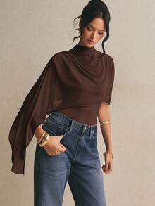 Poéselle Women's Solid Color Stand Collar Asymmetric Design Fashion Bodysuit - Chocolate Brown - View 7