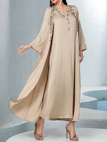 Layrah Conjunto de 2 piezas de abaya de lujo con diamantes y brillo, color café, hecho a mano - Albaricoque - Ver 8