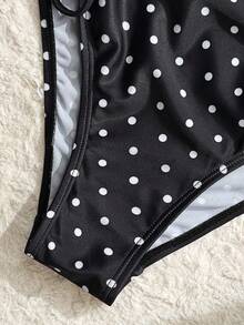 Swim Lushoire Fashionable Hot-Selling Polka Dot Print Design One-Piece Swimsuit, Suitable For Girls And Beach Vacation, Spring/Summer - Black - View 8