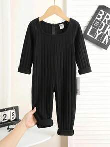 SHEIN Young Girl Knit Solid Color Square Neck Fitted Casual Jumpsuit - Black - View 6