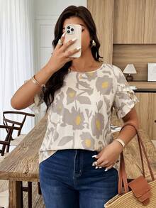 Weeklong Plus Size Women's Spring/Summer Ruffle Petal Sleeve Striped Print Casual Vacation Shirt - Multicolor - View 3