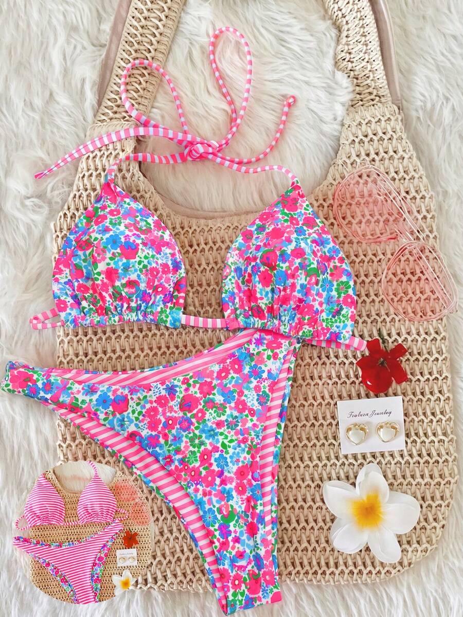 Swim Mod مجموعة بكيني للنساء مكونة من 2 قطعة، ملابس علوية هالتر قابلة للعكس مع طباعة عشوائية أنيقة وجذابة، وأسفل جذاب، مناسبة للشاطئ والعطلات - متعدد الألوان - مشاهدة 1