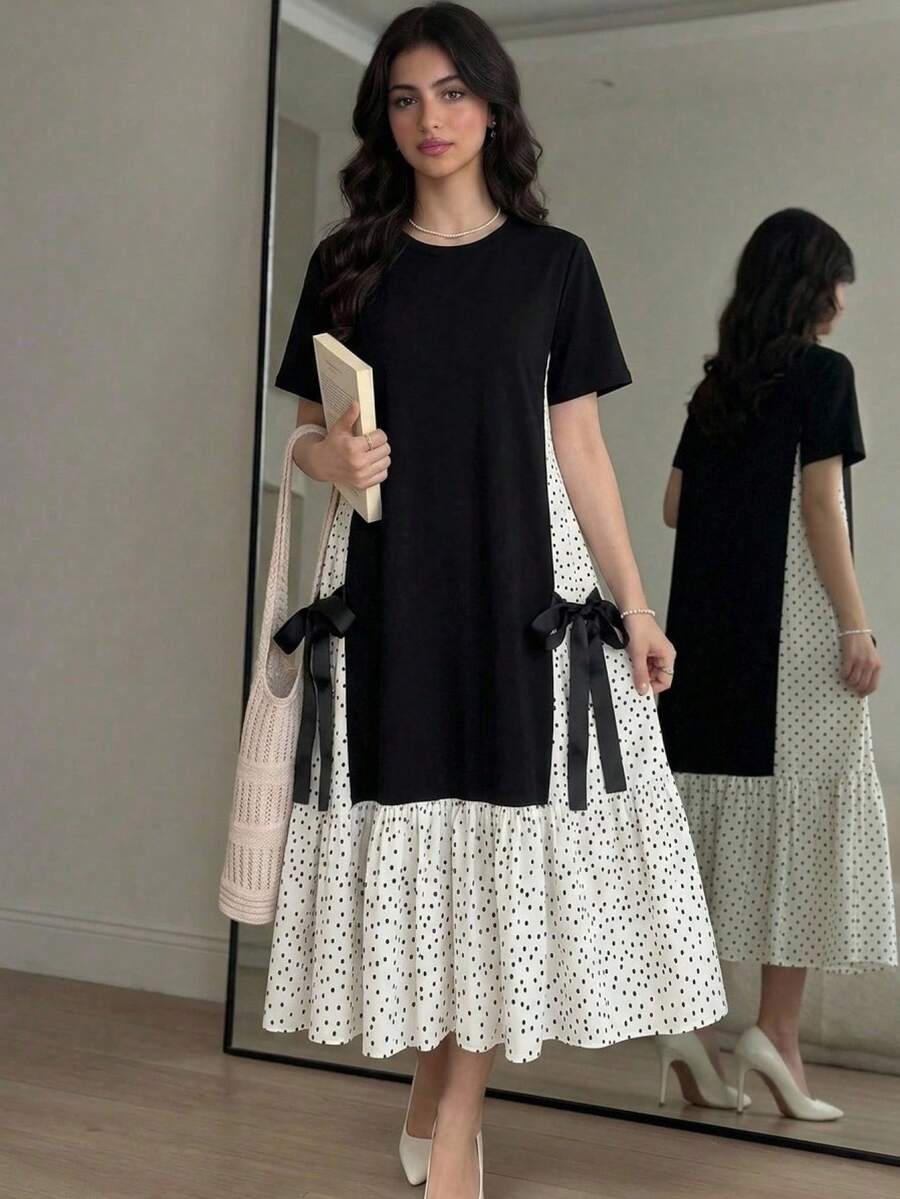少女波点撞色拼接短袖中长连衣裙,适合少女穿着,适合上学、户外活动、购物等场合,纽扣式连衣裙 - 黑與白 - 查看 1