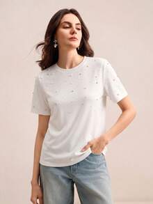 Anewsta Women's Spring/Summer New Casual Elegant Versatile Party Date Bingbing Rhinestone Pearl Decor Round Neck Short Sleeve T-Shirt White - White - View 6