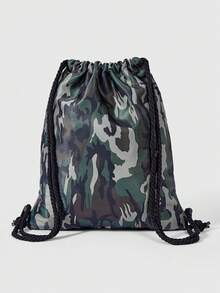 ROMWE Grunge Punk 1Pc Desert Punk Camouflage Drawstring Backpack, Multi-Pocket Goth Skull And Pink Cross Chain Decorative Bundle Bag, Fashionable And Versatile, Unisex, Suitable For Street Style, Commuting, Socializing, Shopping - camouflage - View 5