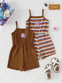 SHEIN Genkimix Kids 春夏新款休閒可愛美拉德色系多彩羅紋紫色刺繡花卉吊帶背心搭配咖啡色羅紋拼接連身褲2件套 - 卡其色 - 查看 1