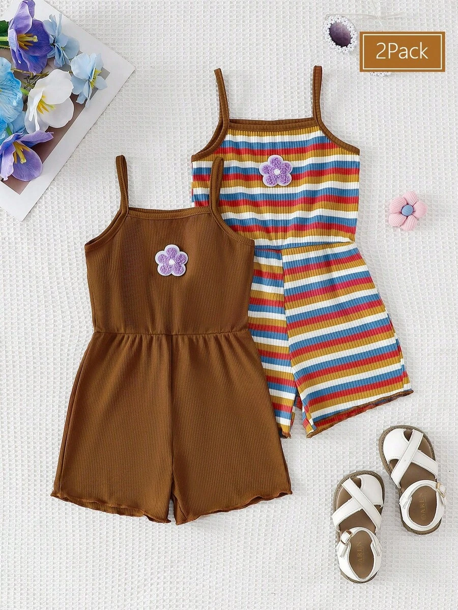 SHEIN Genkimix Kids 春夏新款休閒可愛美拉德色系多彩羅紋紫色刺繡花卉吊帶背心搭配咖啡色羅紋拼接連身褲2件套 - 卡其色 - 查看 1