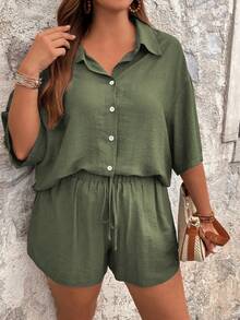 SHEIN Tall CURVE 夏季纯色宽松休闲短袖 Polo 衫套装，带口袋和抽绳短裤，大码 - 軍綠色 - 查看 6