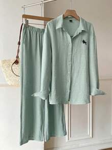 SHEIN EZwear 薄荷绿梭织刺绣纽扣长袖衬衫和斜插口袋长裤休闲套装 - 薄荷綠 - 查看 4