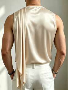 Manfinity Dauomo Men's Sexy Solid Color Cowl Neck Pleated Draped Ribbon Versatile Top - Champagne - View 4