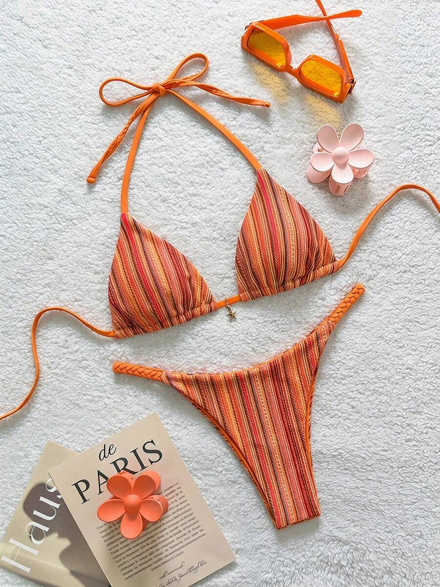 Soleia Conjunto de Bikini de Mujer con Top de Cuello Halter con Lazo y Bottom a Rayas para Playa de Verano - Multicolor - Ver 1