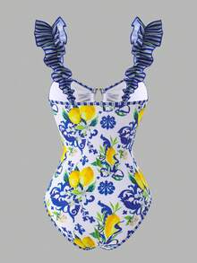 Swim Oasis 2026新款女士夏季沙滩度假荷叶边宽肩带金属银色五金柠檬植物印花性感露背长款纱笼式裹身高腰连体泳衣 - 彩色 - 查看 10