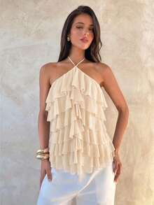 Aloruh Women's Elegant Tropical Romantic Lace-Up Halter Neck Multi-Layer Ruffle White Beach Vacation Vacation Date Top Summer - Khaki - View 2