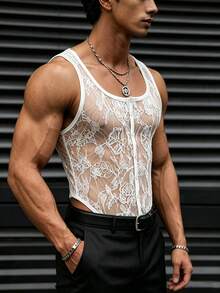 Manfinity Dauomo 男士性感蕾絲透視背心上衣 - 白色 - 查看 4