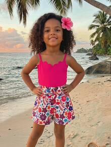 SHEIN Young Girl Casual Daily Red Patchwork Colorful Print Jumpsuit - Hot Pink - View 2