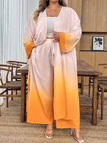 SHEIN CURVE+ Curve 大尺碼 US22 音樂節海邊度假波希米亞風優雅純色紋理寬鬆蝙蝠袖兩件套 秋季婚禮賓客穿搭 粉色 - 黃色 - 查看 6