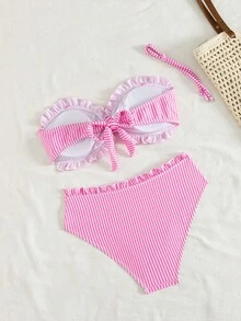 Swim Mod 女款海灘音樂節春夏條紋印花荷葉邊蝴蝶結細肩帶可愛休閒度假比基尼套裝 - 粉色 - 查看 2