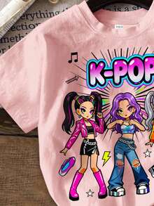 Young Girl Round Neck Casual Simple Cartoon Girl Portrait Print Short Sleeve Top And Shorts 2pcs Set - Multicolor - View 5