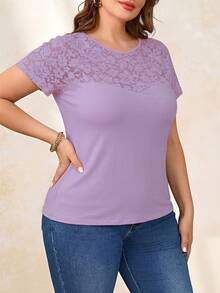 Reflora Plus Size Fashionable Elegant Round Neck Contrast Lace T-Shirt - Mauve Purple - View 5