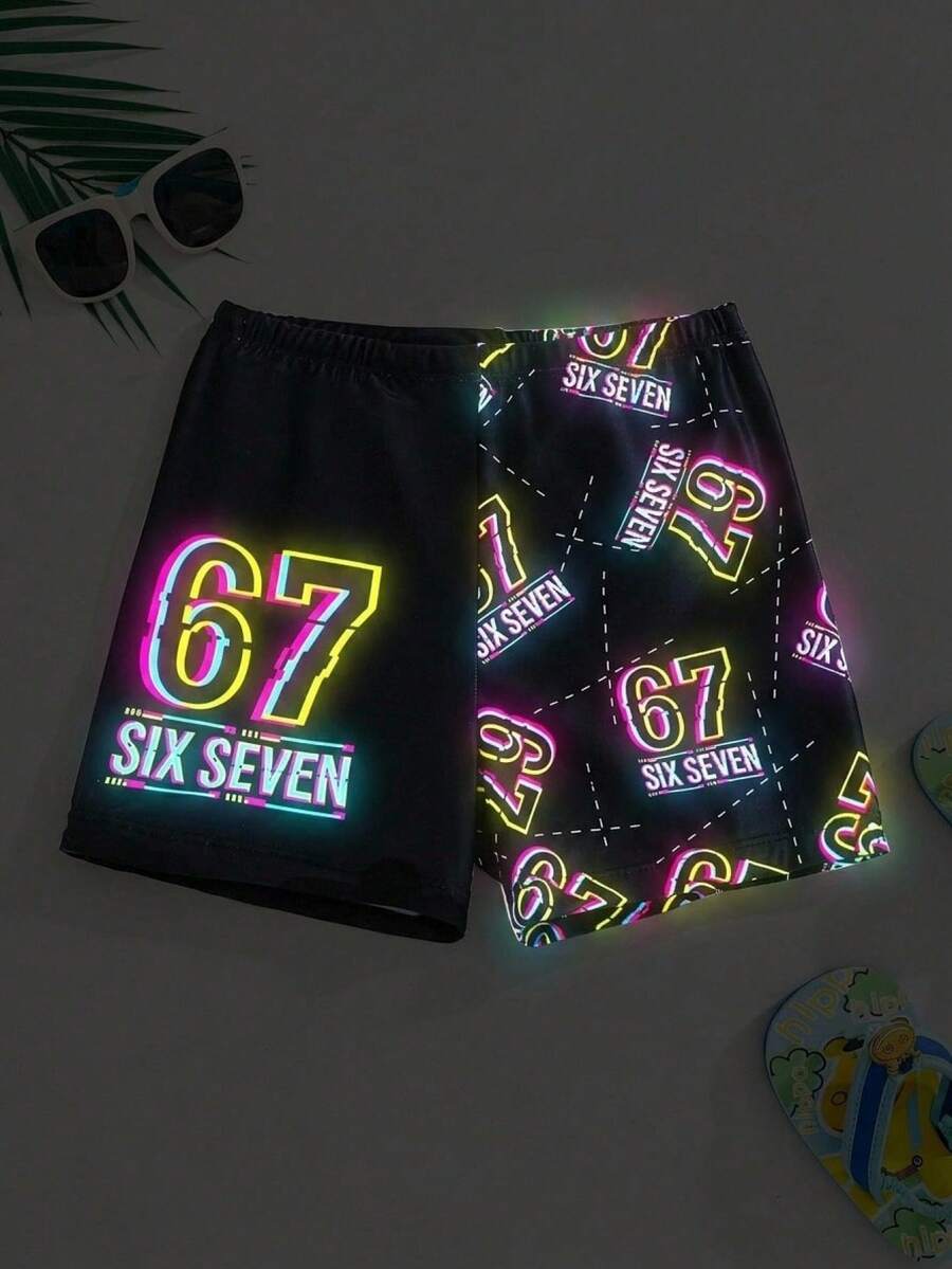 加大码男童修身泳裤,不对称67图案印花,夏季泳装 - 彩色 - 查看 1