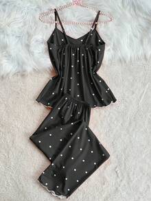 SHEIN 波點印花波浪邊吊帶上衣與睡褲兩件組 - 黑色 - 查看 2