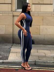 SHEIN SXY Bộ jumpsuit nữ thời trang đa năng họa tiết sọc phối màu phong cách casual - Xanh đậm - Xem 7