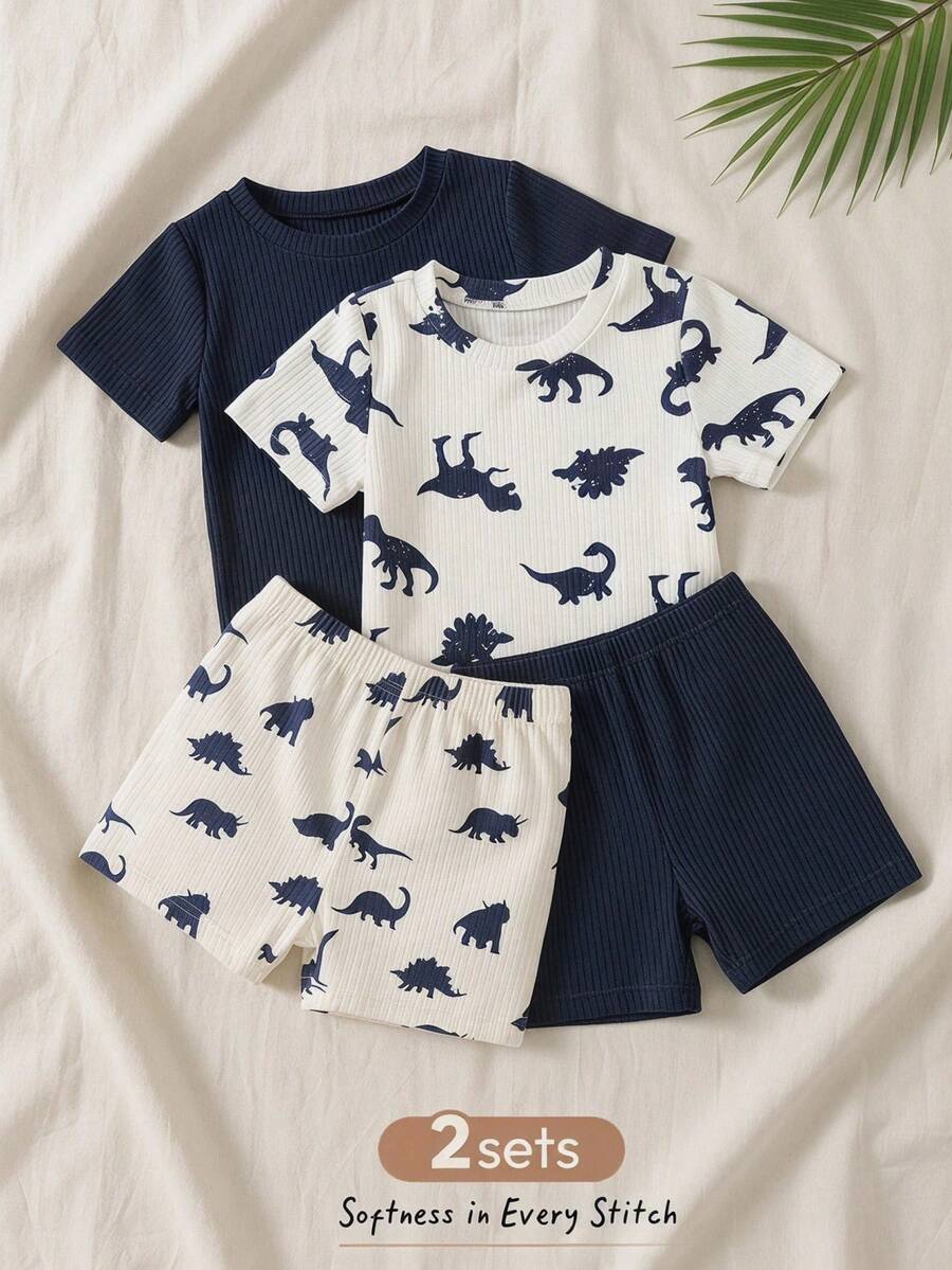 Cozy Pixies Baby Boy Cartoon Dinosaur Pattern Knitted Soft Crew Neck Short Sleeve T-Shirt And Elastic Waist Shorts 2-Piece Set - Multicolor - View 1