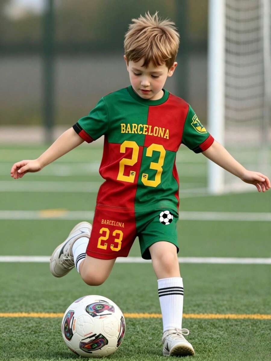 Conjunto de 2 piezas para niño pequeño, estilo deportivo casual versátil con top de manga corta suave con número 23 y pantalones cortos deportivos casuales de color en contraste, conjunto deportivo para niño, top para niño, estilo primavera/verano, ropa casual cómoda de verano - Multicolor - Ver 1