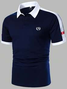Manfinity Homme 男士夏季休閒拼色拼接短袖 Polo 衫，正式款 - 藏蓝色 - 查看 3