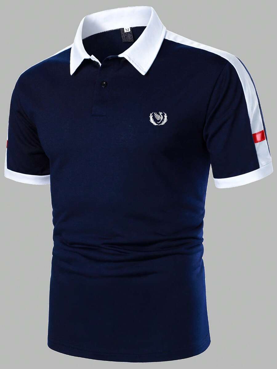Manfinity Homme 男士夏季休閒拼色拼接短袖 Polo 衫,正式款 - 藏蓝色 - 查看 1