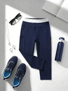 Cheerettes Quần legging nữ dài đến 7/8, phối màu tương phản, có túi lưới. - Màu xanh hải quân - Xem 2