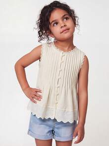 Maija Kids Maija Kids 1件女童优雅休闲度假精致舒适百搭杏色圆领荷叶边无袖上衣，适合日常穿着、返校、郊游、聚会、节日、春季、夏季 - 杏色 - 查看 8