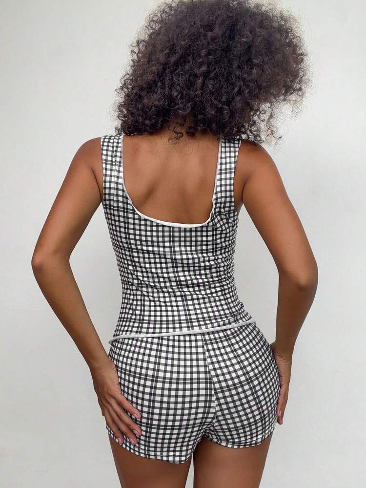 White Plaid Sleeveless Crop Top And Super Short Shorts Pajama Set For Women, Sweet Style For Summer
