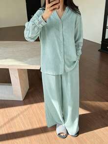 DAZY 2pcs/Set Loose Cardigan Long Sleeve Straight Leg Long Pajama Pants Spring Outfit Women's Sleepwear Set - Green - View 5