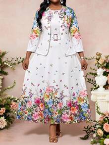 Fleurora Plus Size Elegant Floral Print Jacket And Dress 2 Pieces Set Fall Clothes Women's Winter Autumn Outfit Wedding Mother Of The Bride Formal White - Multicolor - View 1