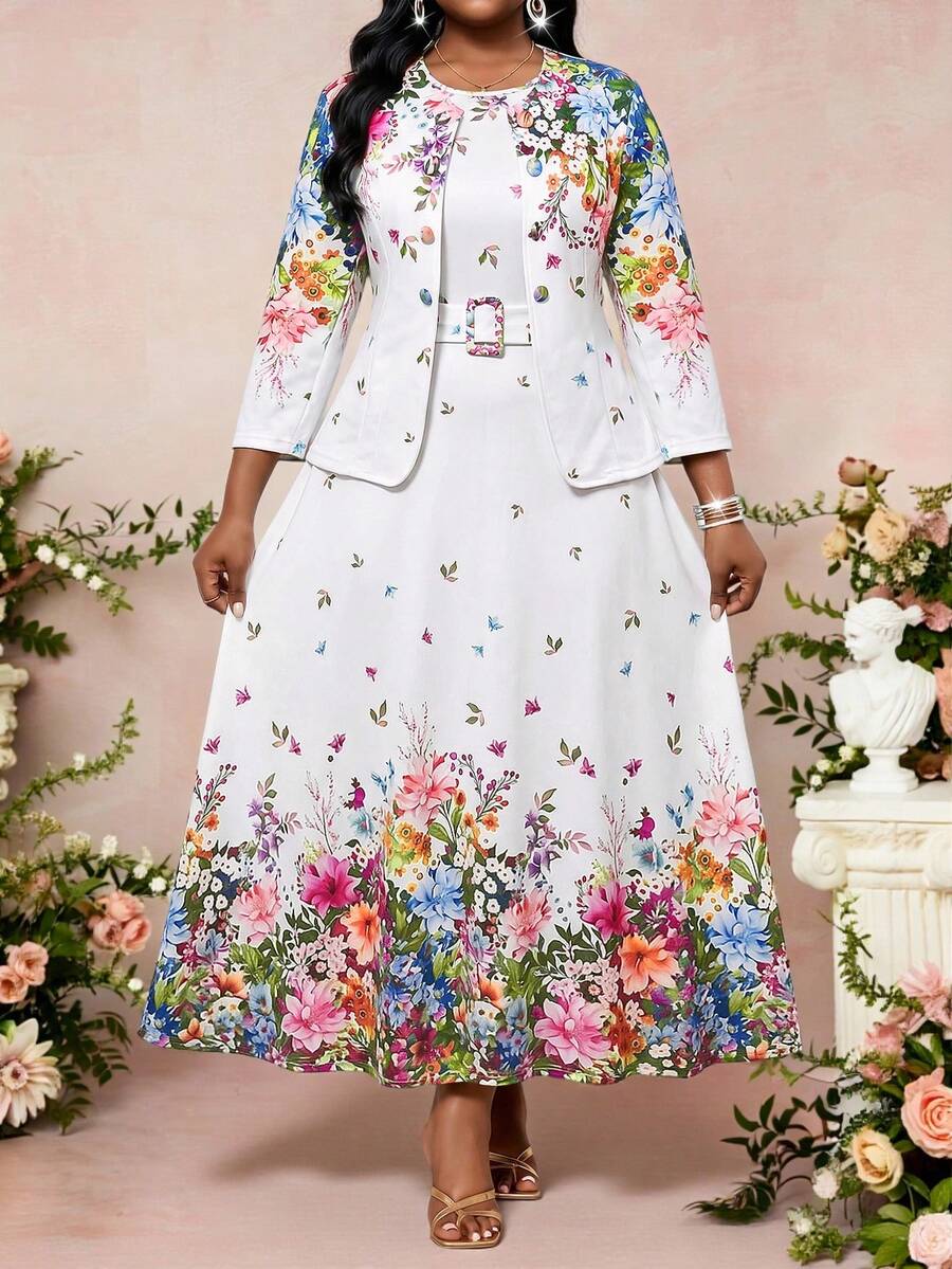 Fleurora Plus Size Elegant Floral Print Jacket And Dress 2 Pieces Set Fall Clothes Women's Winter Autumn Outfit Wedding Mother Of The Bride Formal White - Multicolor - View 1