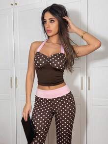 Ronhire 2 Piece Sets Brown And Pink Color Wave Point Sexy Backless Sleeveless Top Pants Set,Streetwear,Autumn And Winter Set,Concert Set,New Year Set Summer - Multicolor - View 5