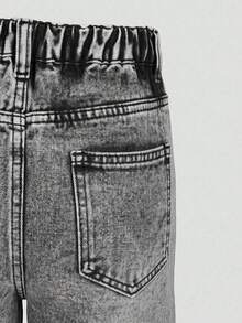 SHEIN 女童牛仔短褲 Y2K 夏季新品，彈性腰帶復古磨損牛仔色，百搭日常穿搭，寬鬆寬腿灰色及膝牛仔短褲，舒適棉質牛仔，適合學校、度假、日常通勤、居家、戶外等多種場合 - 灰色 - 查看 5