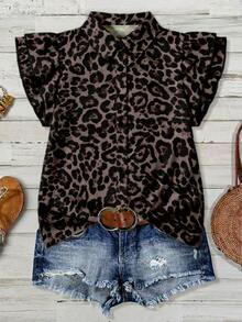 EMERY ROSE Blusa de moda para mujer talla grande con estampado de leopardo, ribete de volantes y abotonadura sencilla - Multicolor - Ver 8
