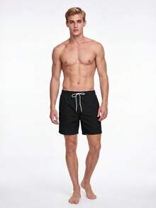 Manfinity KASUA Men's Solid Color Pocket Drawstring Waist Beach Shorts, Suitable For Summer Swimming Shorts For Men - Black - View 5