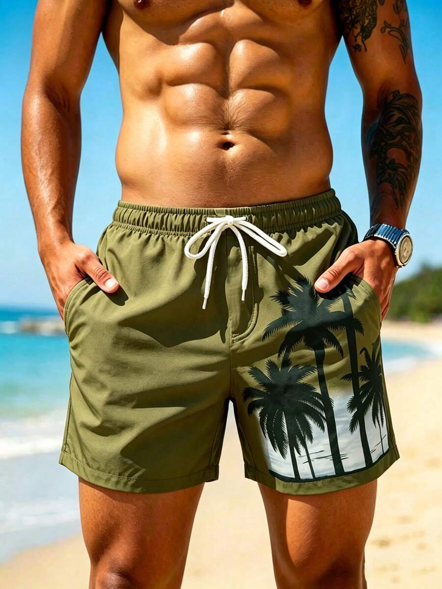 Surfspeed Plus Size Men's Palm Tree Print Drawstring Waist Beach Shorts Holiday / Vacation / Beach / Hawaii / Tropical / Swim / Bathing - Army Green - View 1