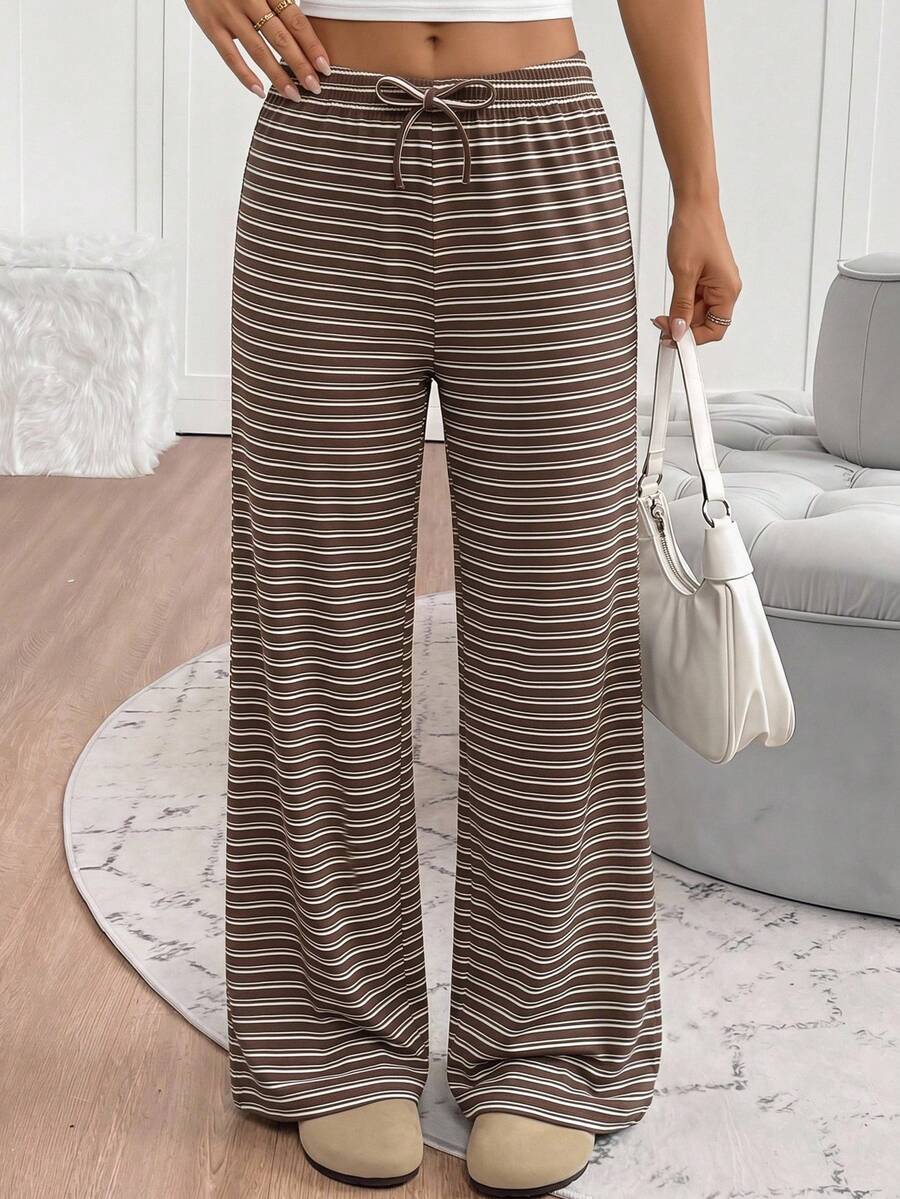 SHEIN Girlism Teenager Mädchen Frühling/Sommer Neue Schwarz & Weiß strukturierte gestreifte Hose mit Kordelzug Taille, Casual - Braun - Übersicht 1