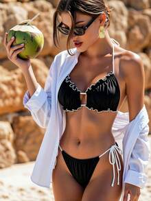 Slaydiva 2-Piece 2025 Summer Swimwear With Ruffle Trim, Fashionable Black Bikini Holiday Beach Holiday Vacation Tropical - Black - View 1